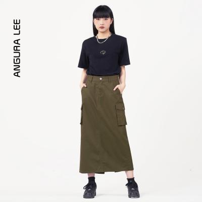 春夏新款經典水洗軍綠色女裝工裝高腰半裙
