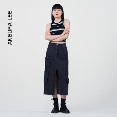 春夏新款經典水洗黑色牛仔女裝高腰工裝半裙