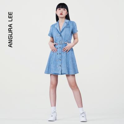 春夏新款經典水洗淺藍色女裝牛仔連衣裙