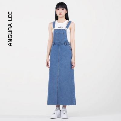 春夏經典水洗中褲藍女裝牛仔高腰背帶裙