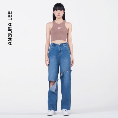 春夏經典水洗中藍女裝可拆卸牛仔高腰直筒闊腿