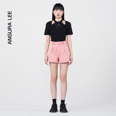 春夏新款經典水洗粉紅女裝高腰短褲