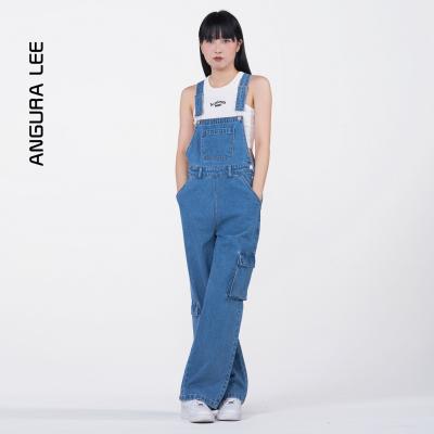 春夏經典水洗中藍女裝牛仔高腰背帶直筒闊腿