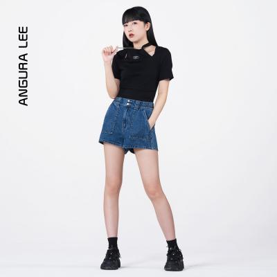 春夏經典水洗深藍松緊腰女裝牛仔高腰短褲